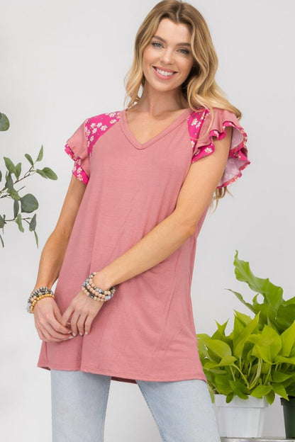 Celeste Full Size Floral Contrast Short Sleeve Top Carauana Store