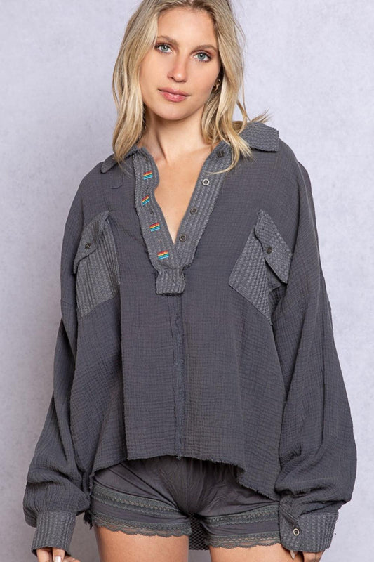 POL Texture Half Button Long Sleeve Top Carauana Store