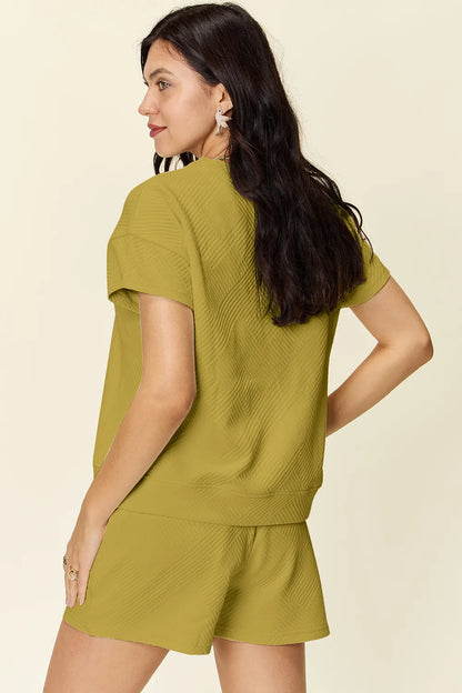 Double Take Full Size Texture Short Sleeve T-Shirt and Drawstring Shorts Set Carauana Store