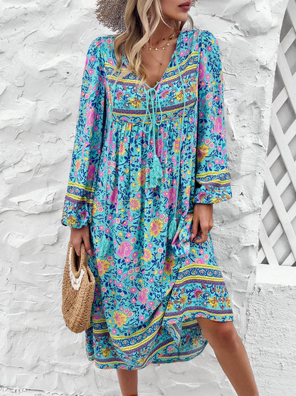 Tassel Tied Printed Long Sleeve Dress Carauana Store