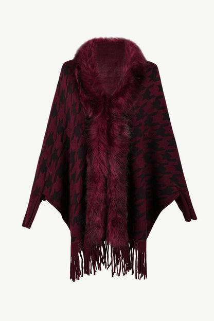 Houndstooth Fringe Hem Poncho Carauana Store
