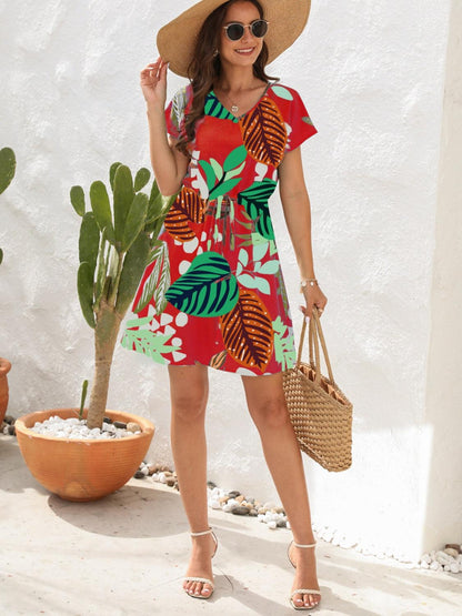 Drawstring Printed V-Neck Mini Dress Carauana Store