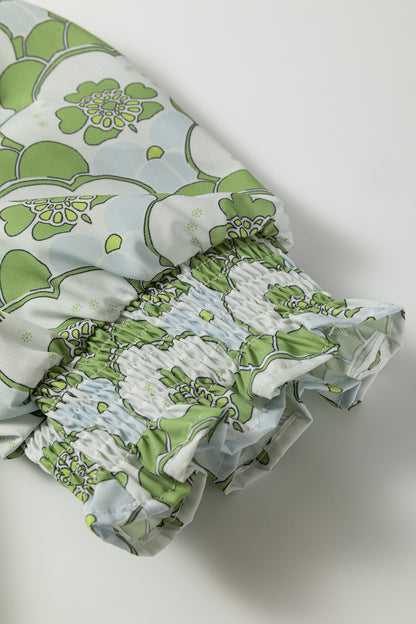 Green Floral Clouds Ruffled Short Sleeve Summer Blouse