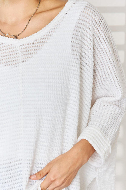 Zenana Full Size Waffle Knit V-Neck Long Sleeve Slit Top Carauana Store