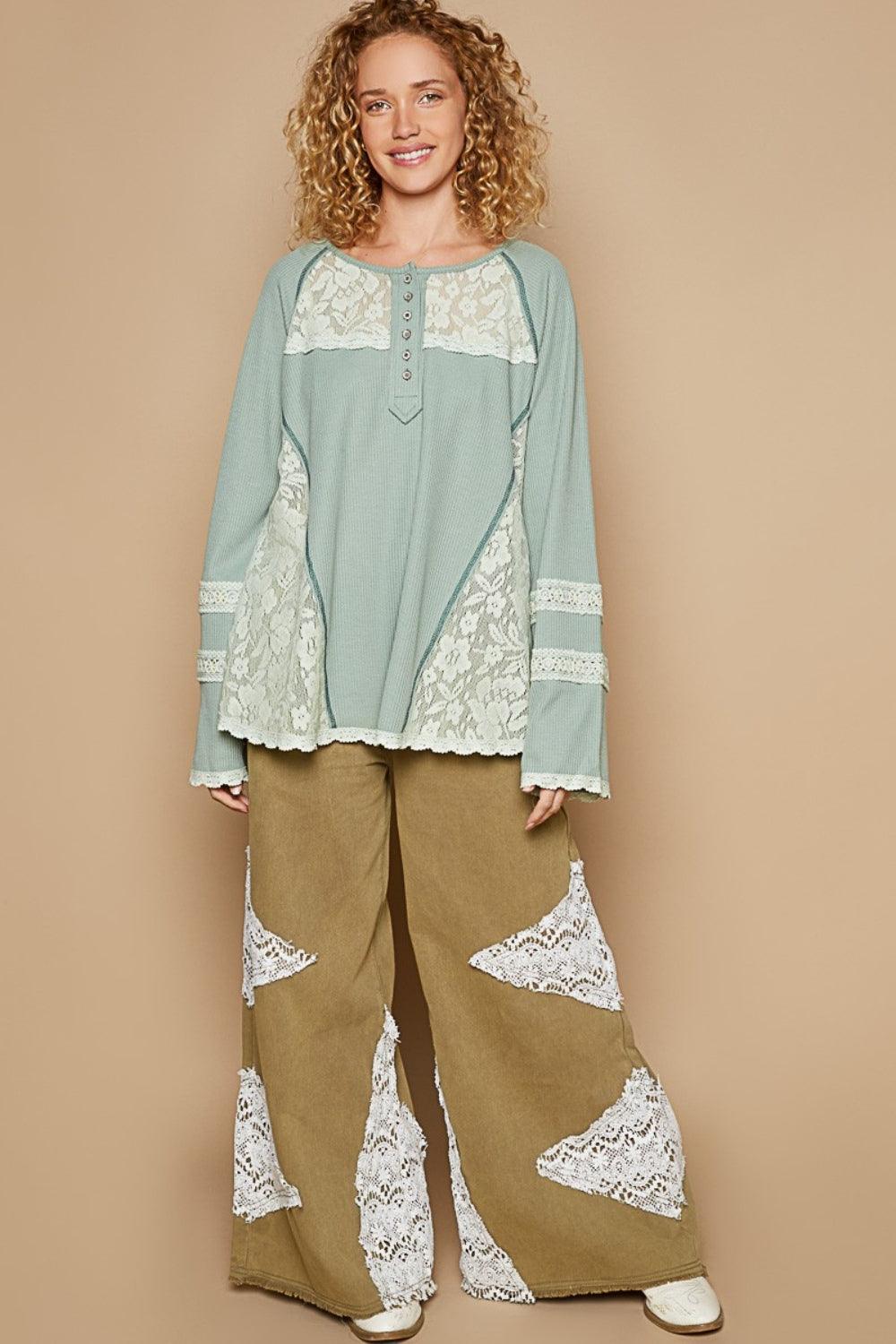 POL Round Neck Long Sleeve Lace Trim Thermal Top Carauana Store