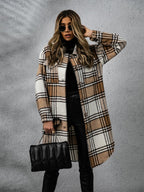 Plaid Collared Neck Long Sleeve Coat Carauana Store