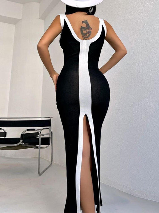 Contrast Wide Strap Slit Midi Dress Carauana Store