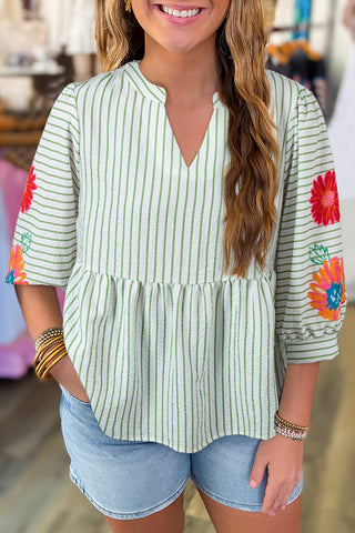 Green Stripe Flower Puff Sleeve Notched V Neck Babydoll Blouse