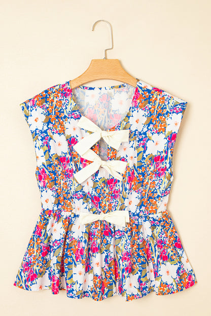 Rose Green Floral Print Bow Applique Slit Sleeveless Peplum Blouse
