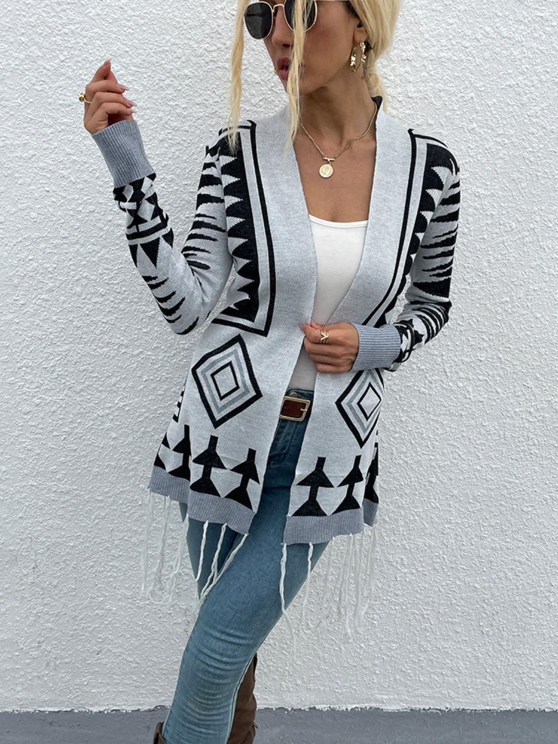 Shiny Geometric Fringe Hem Open Front Cardigan Carauana Store