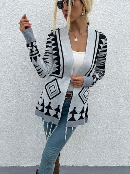 Shiny Geometric Fringe Hem Open Front Cardigan Carauana Store