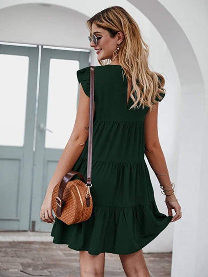 Ruffled Round Neck Cap Sleeve Mini Dress Carauana Store