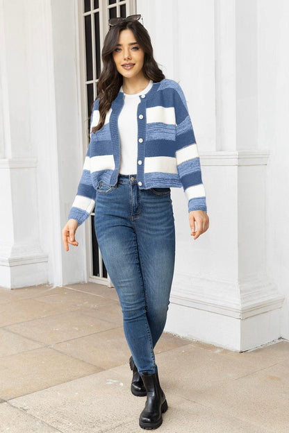 Striped Button Up Long Sleeve Cardigan Carauana Store