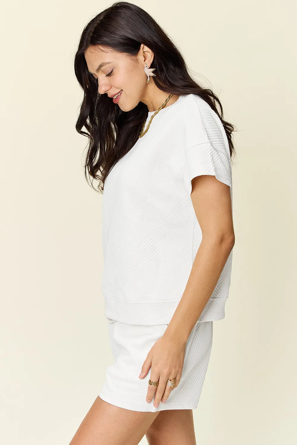 Double Take Full Size Texture Short Sleeve T-Shirt and Drawstring Shorts Set Carauana Store