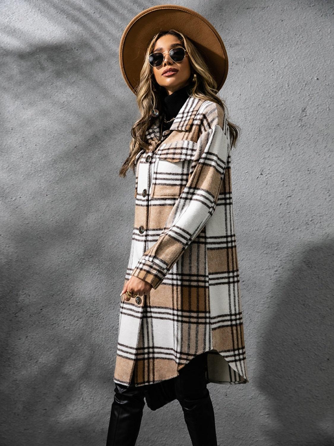 Plaid Collared Neck Long Sleeve Coat Carauana Store