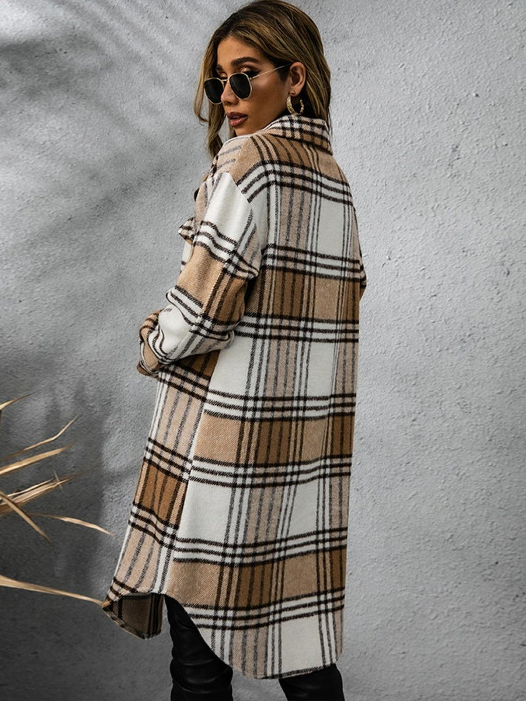 Plaid Collared Neck Long Sleeve Coat Carauana Store