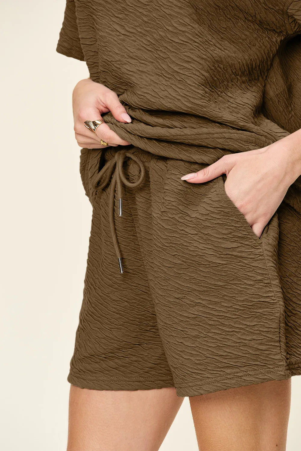 Double Take Full Size Texture Short Sleeve T-Shirt and Drawstring Shorts Set CaRaUaNa Fashion