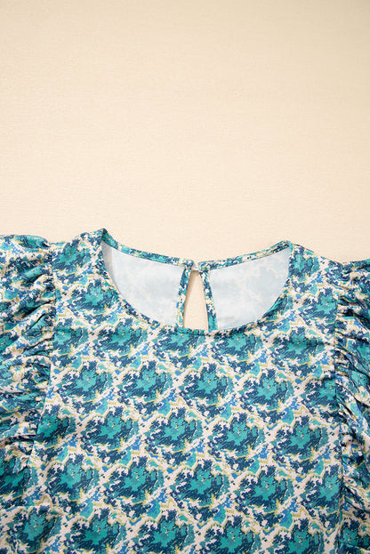 Green Abstract Print Shirred Cuff Puff Sleeve Blouse