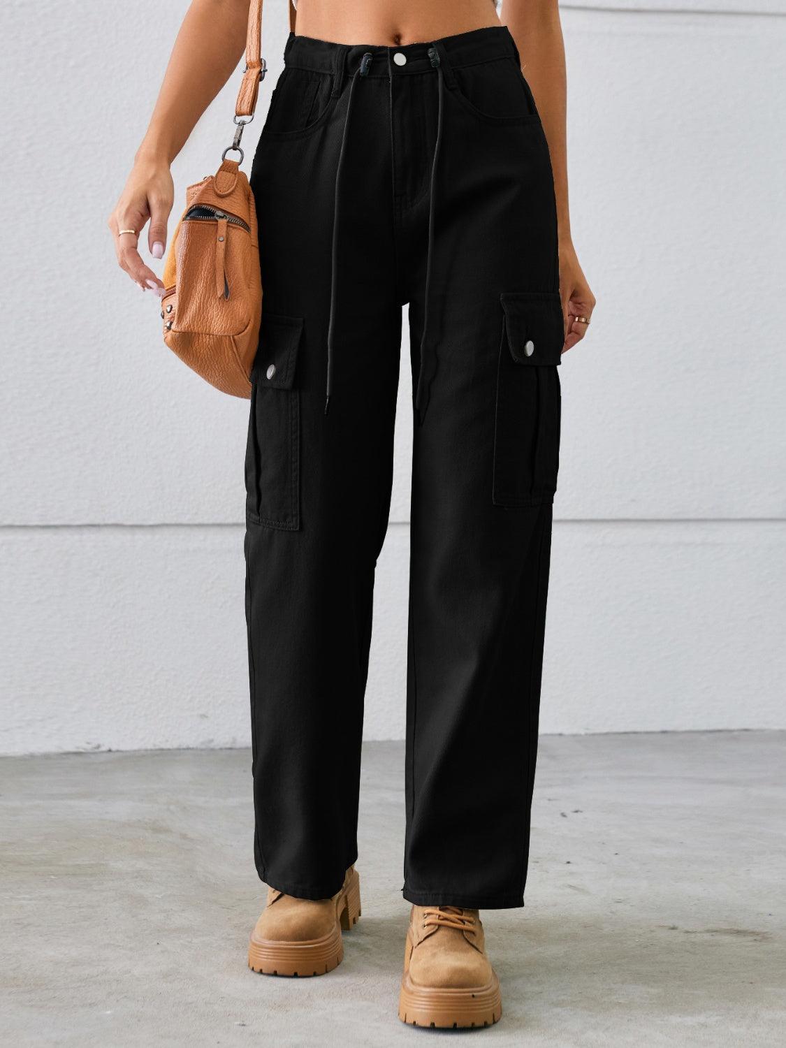 Drawstring Mid-Rise Waist Straight Cargo Jeans Carauana Store