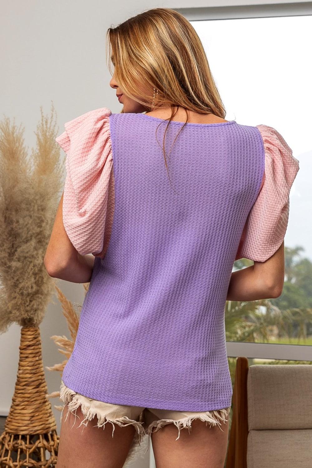 BiBi Contrast Waffle-Knit Ruffled Cap Sleeve Blouse Carauana Store