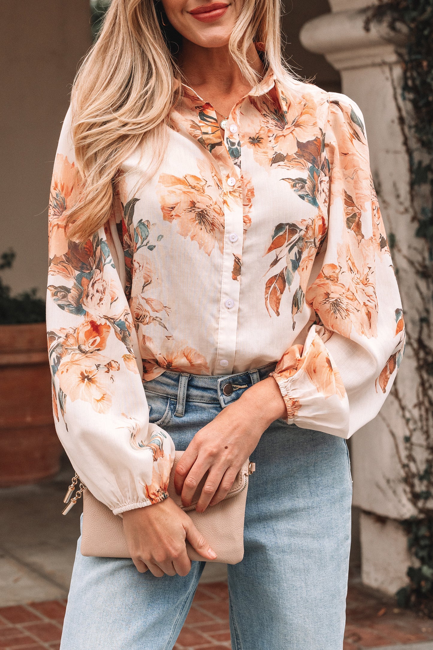 Orange Floral Puff Sleeve Lightweight Shirt