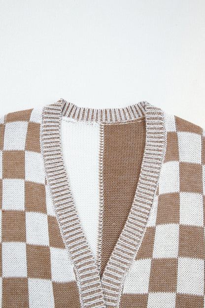 Brown Checkered Bubble Sleeve Drop Shoulder Open Cardigan