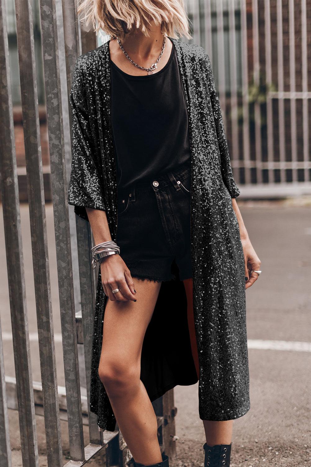Sequin Open Front Duster Cardigan CaRaUaNa Fashion
