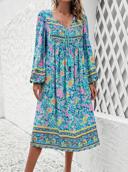 Tassel Tied Printed Long Sleeve Dress Carauana Store