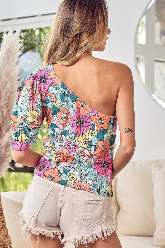 BiBi Floral Puff Sleeve One Shoulder Top Carauana Store