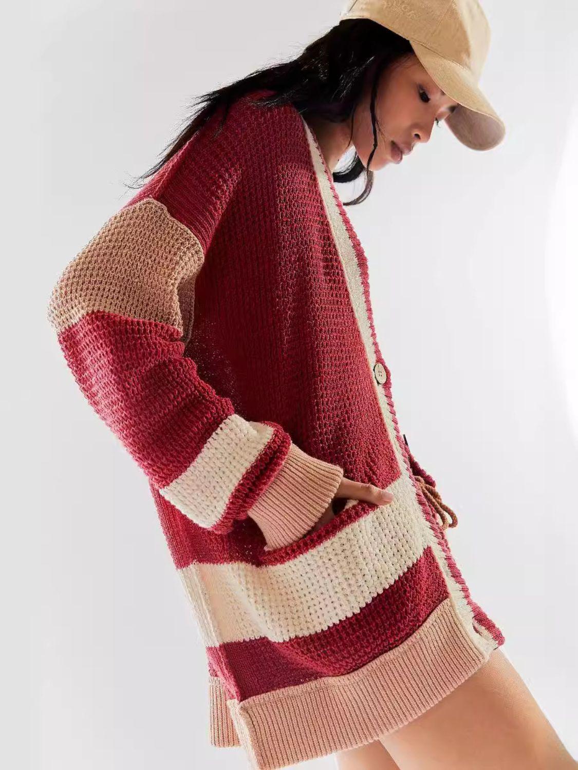 Pocketed Contrast V-Neck Long Sleeve Cardigan Carauana Store