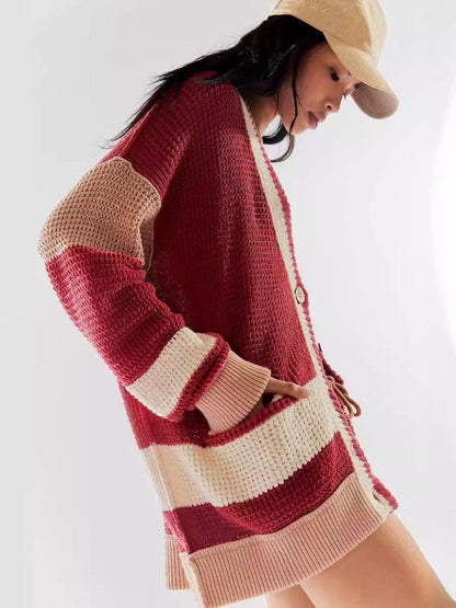 Pocketed Contrast V-Neck Long Sleeve Cardigan Carauana Store