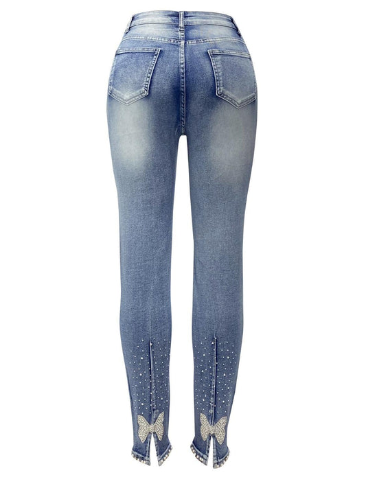 Rhinestone Skinny Jeans with Pockets Carauana Store