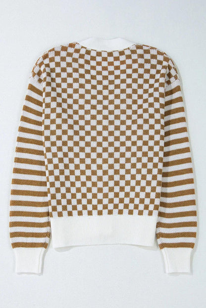 Checkered V-Neck Long Sleeve Cardigan Carauana Store