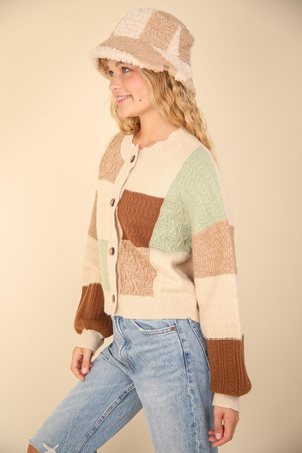 VERY J Color Block Button Down Textured Sweater Cardigan Carauana Store