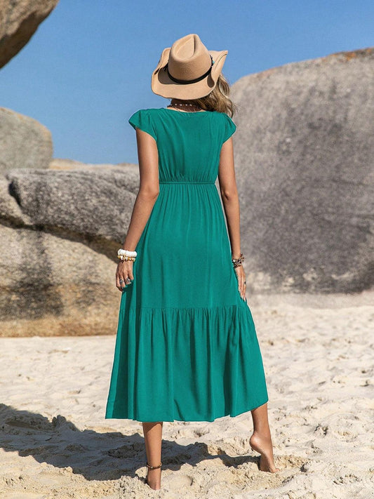Embroidered Square Neck Cap Sleeve Dress Carauana Store