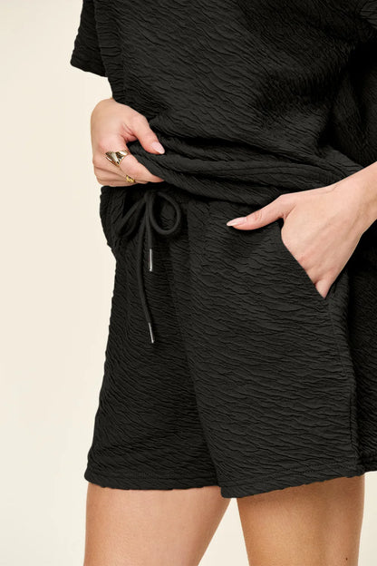 Double Take Full Size Texture Short Sleeve T-Shirt and Drawstring Shorts Set CaRaUaNa Fashion