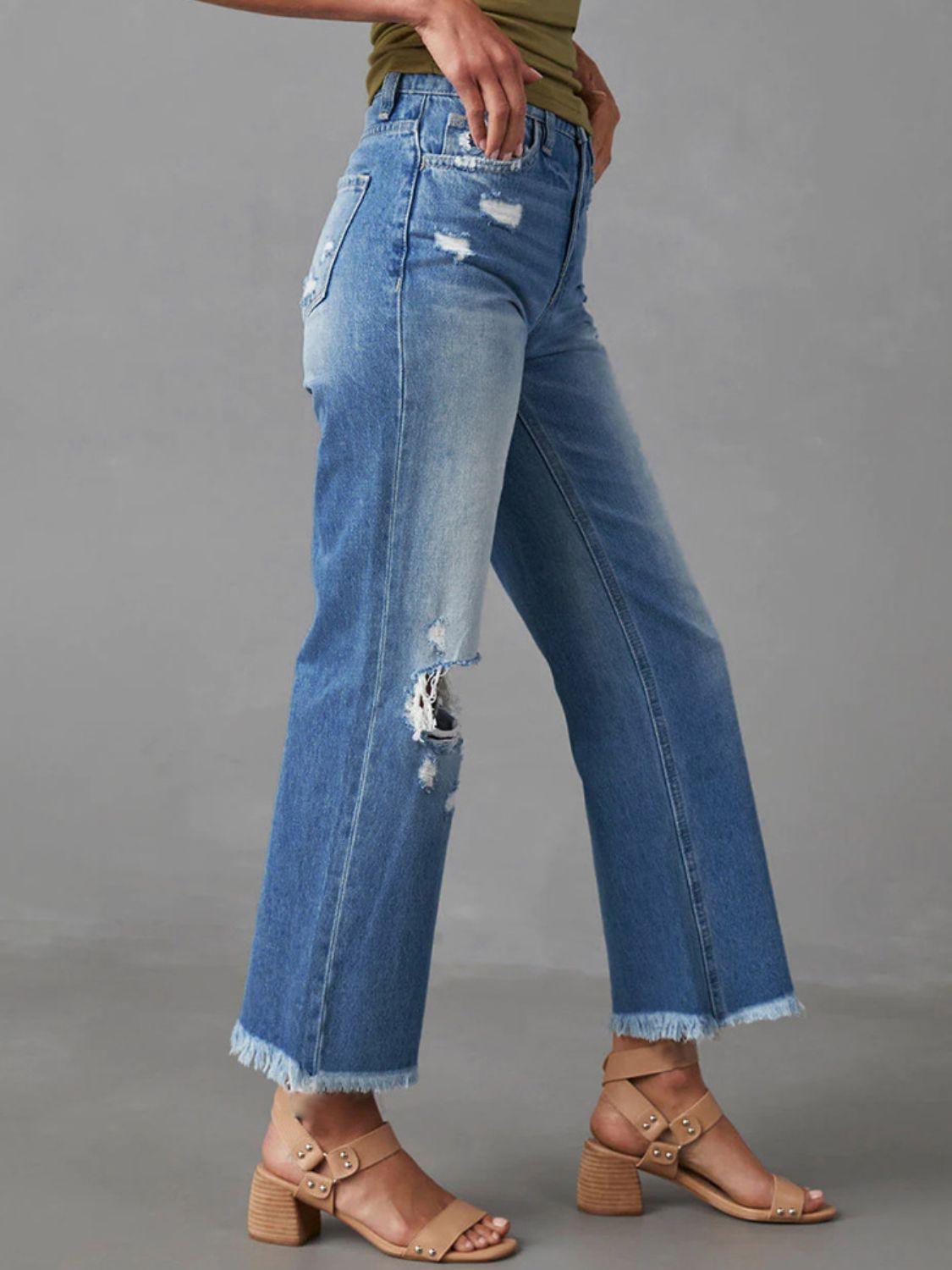 Distressed Raw Hem Jeans with Pockets Carauana Store