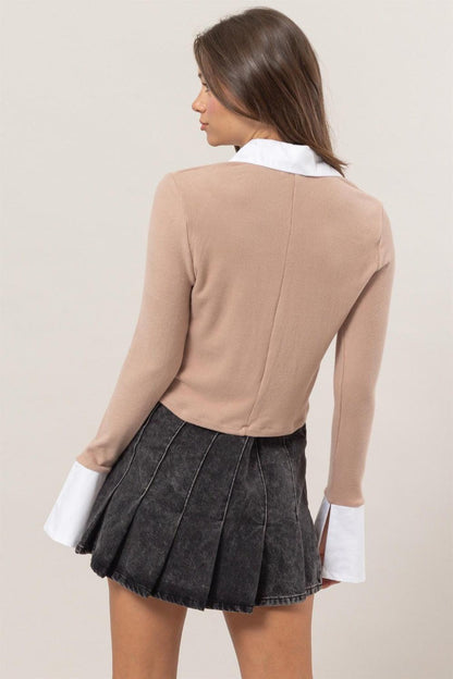 HYFVE Collared Contrast Button Down Crop Knit Cardigan Carauana Store