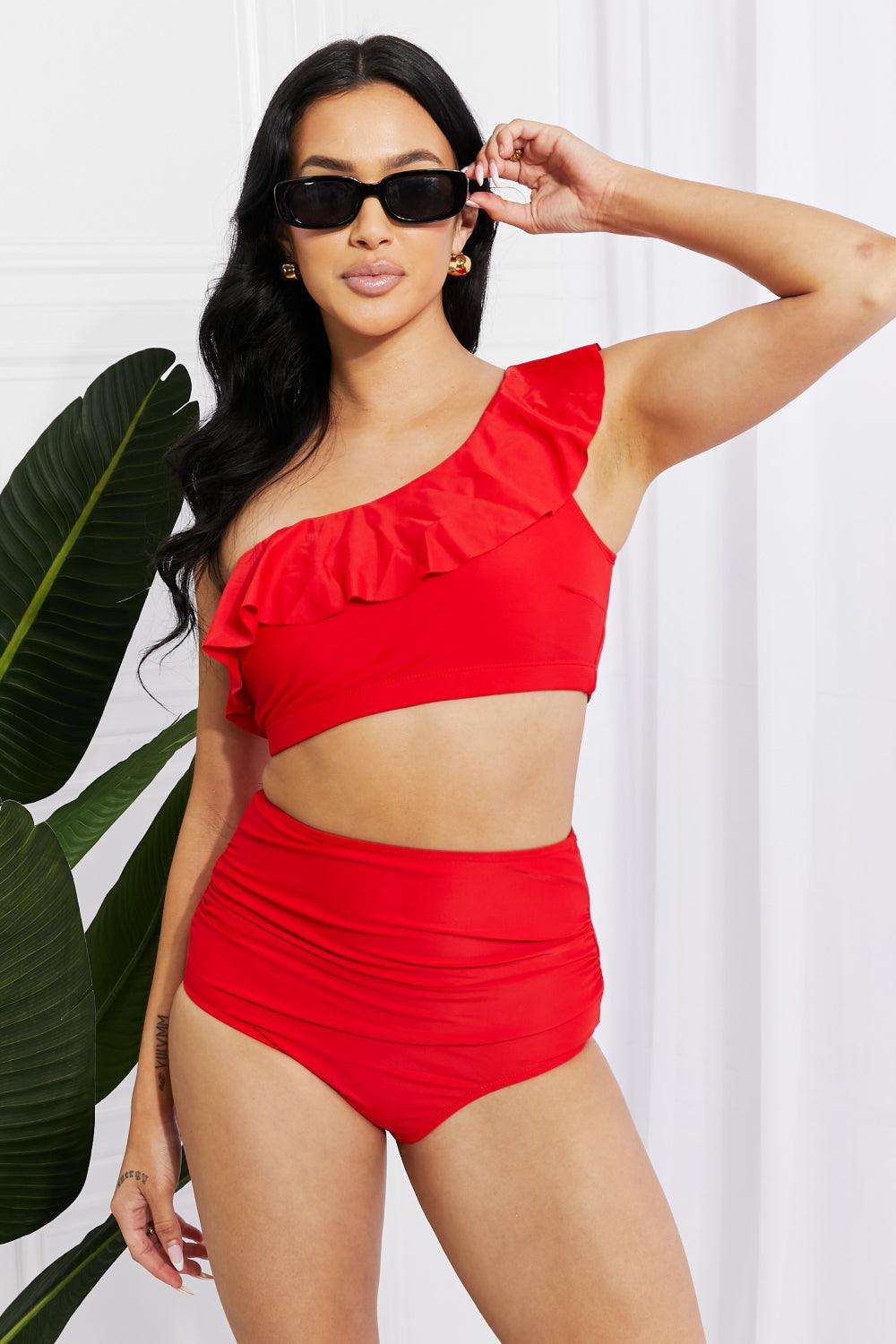 Marina West Swim Seaside Romance Ruffle One-Shoulder Bikini in Red Carauana Store