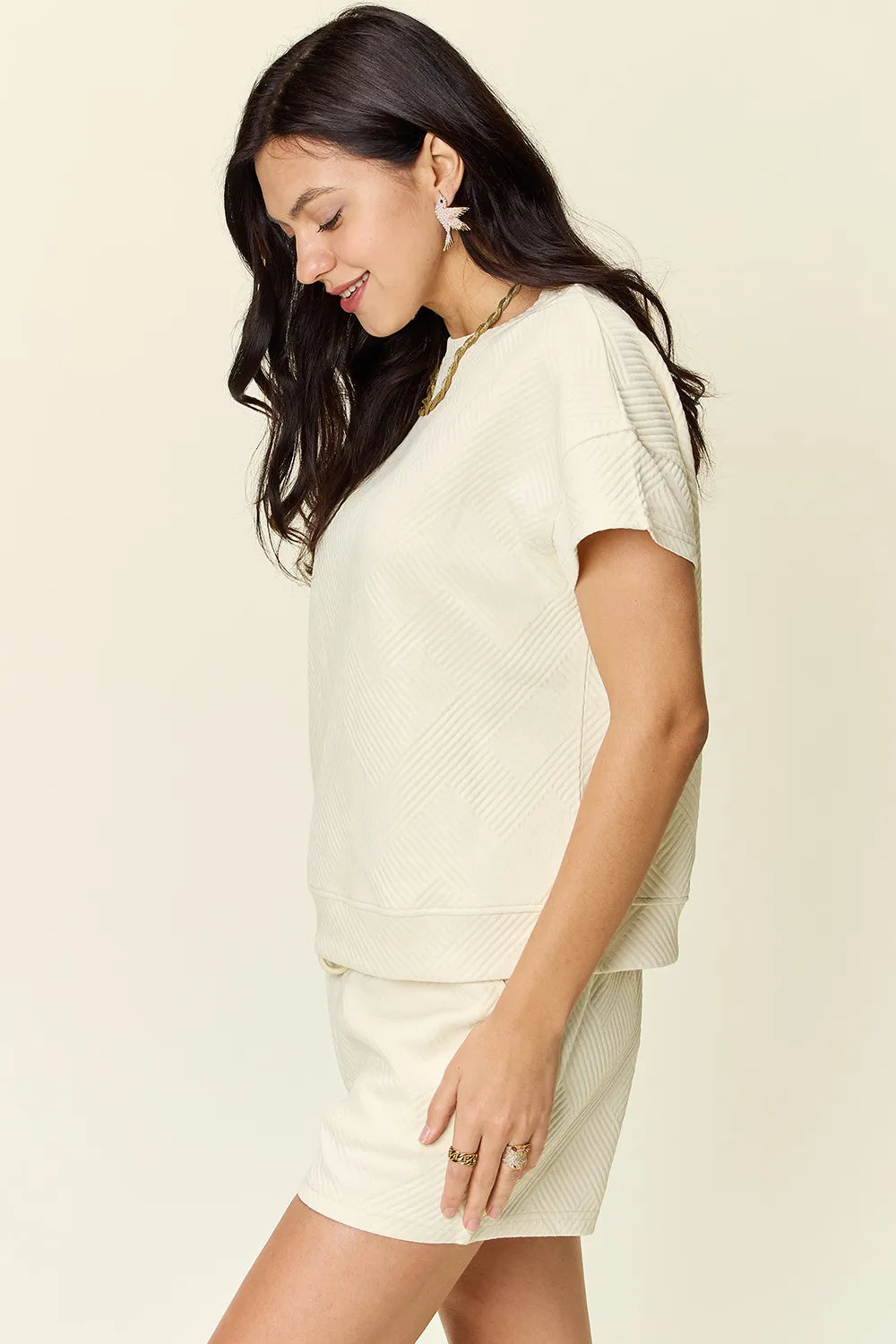 Double Take Full Size Texture Short Sleeve T-Shirt and Drawstring Shorts Set Carauana Store