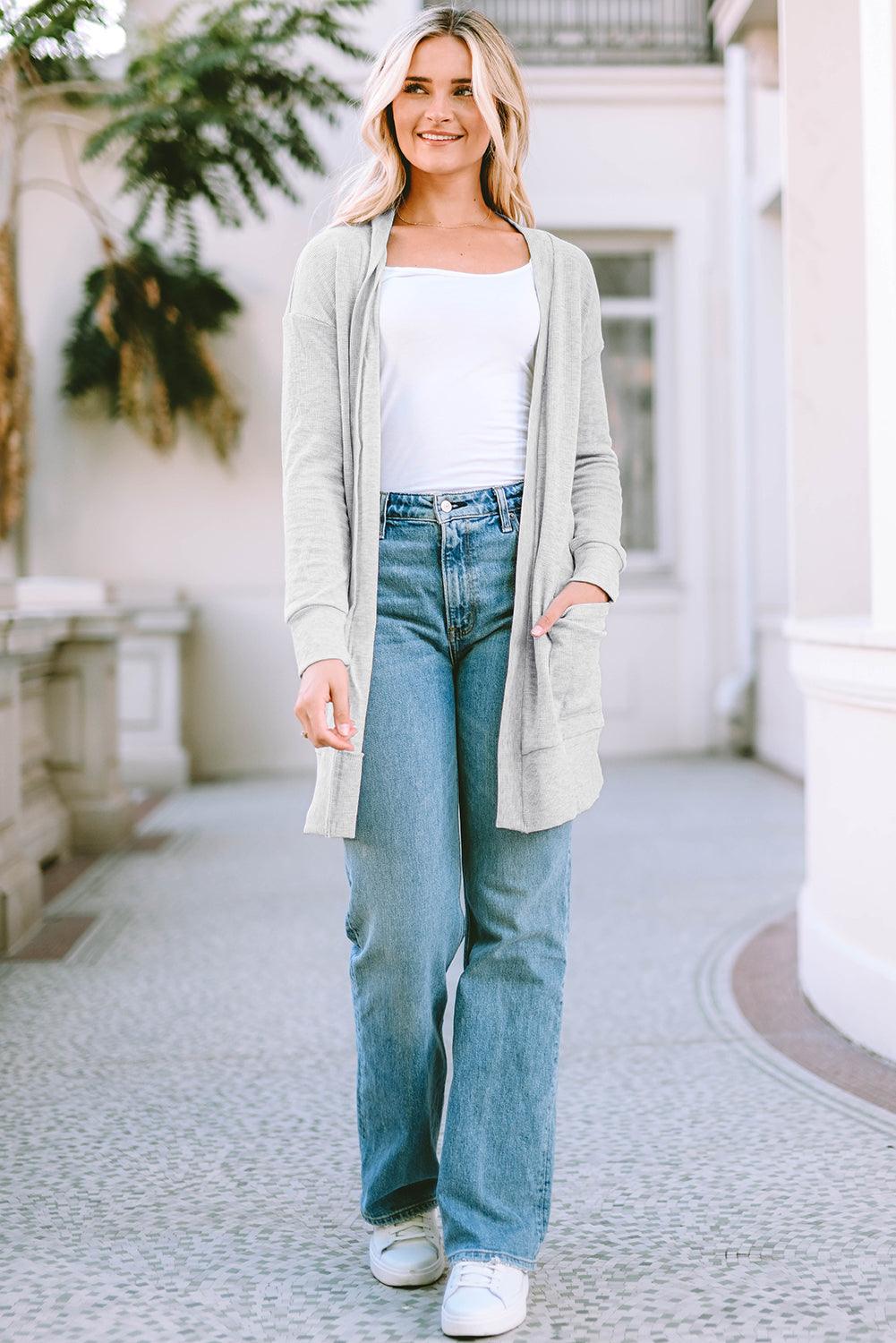 Pocketed Open Front Long Sleeve Cardigan Carauana Store