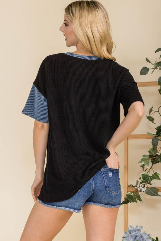 Celeste Full Size Ribbed Color Block Short Sleeve T-Shirt Carauana Store