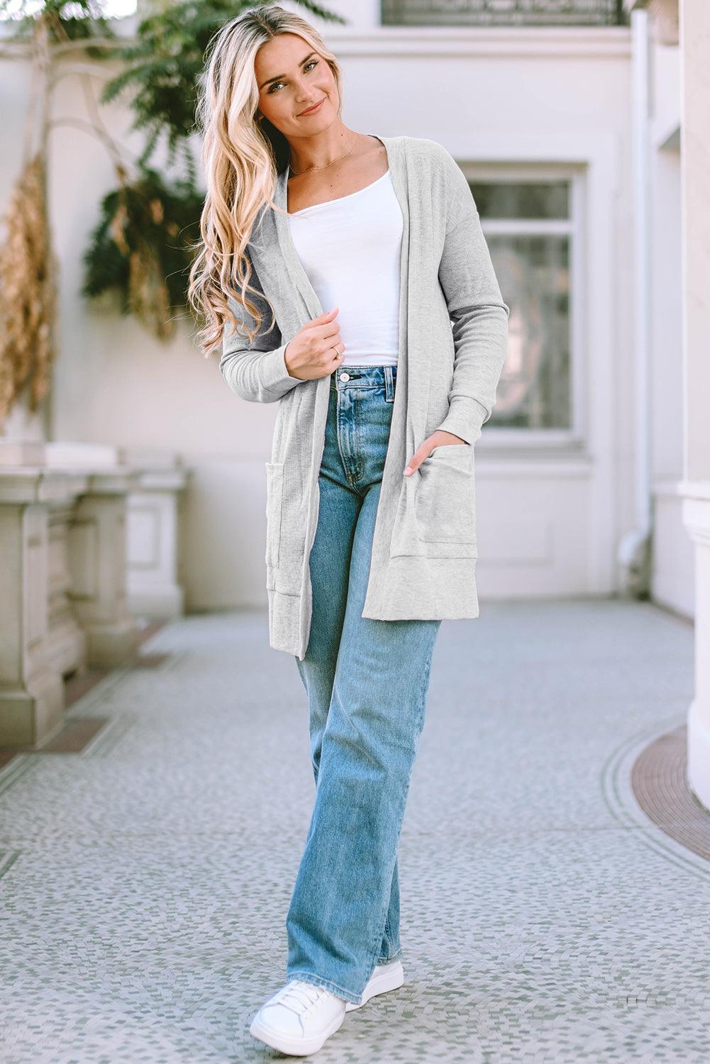 Pocketed Open Front Long Sleeve Cardigan Carauana Store