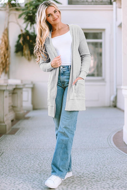 Pocketed Open Front Long Sleeve Cardigan Carauana Store