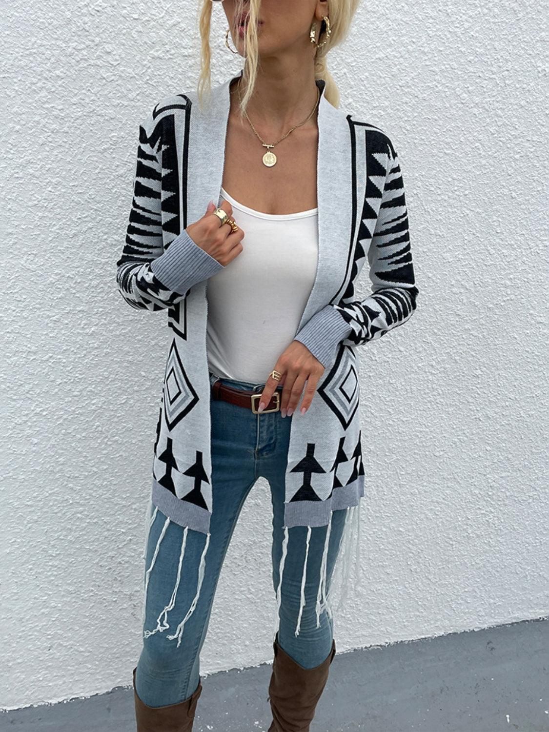 Shiny Geometric Fringe Hem Open Front Cardigan Carauana Store