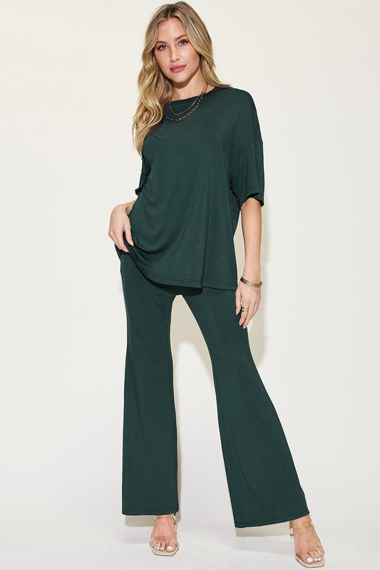 Basic Bae Full Size Bamboo Drop Shoulder T-Shirt and Flare Pants Set Carauana Store