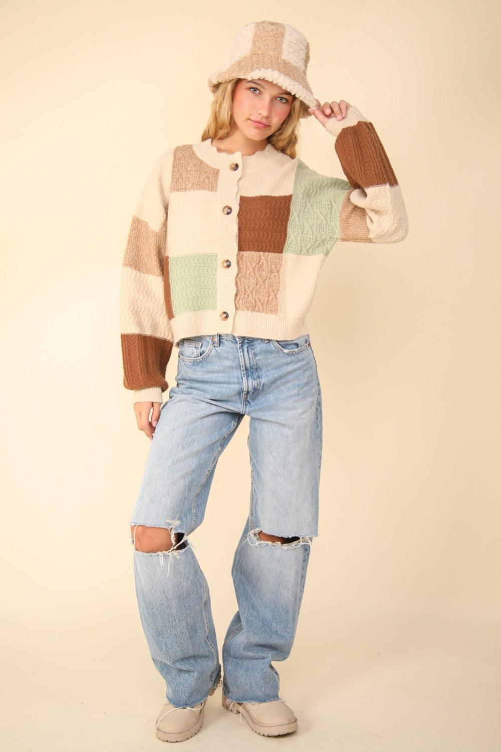 VERY J Color Block Button Down Textured Sweater Cardigan Carauana Store