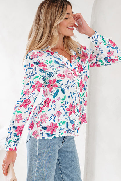 Pink Floral Print Lace Detail Button-up Long Sleeve Shirt