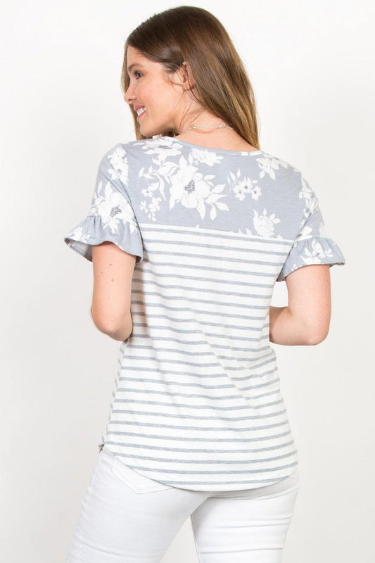 Be Stage Full Size Floral & Striped Flounce Sleeve Top Carauana Store