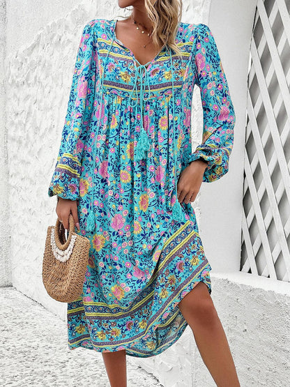 Tassel Tied Printed Long Sleeve Dress Carauana Store
